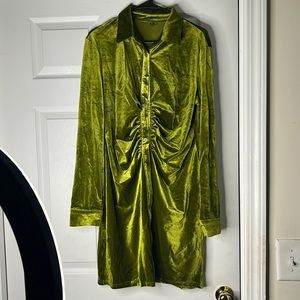 Green Ruched Long Sleeve Coach Velvet Dress